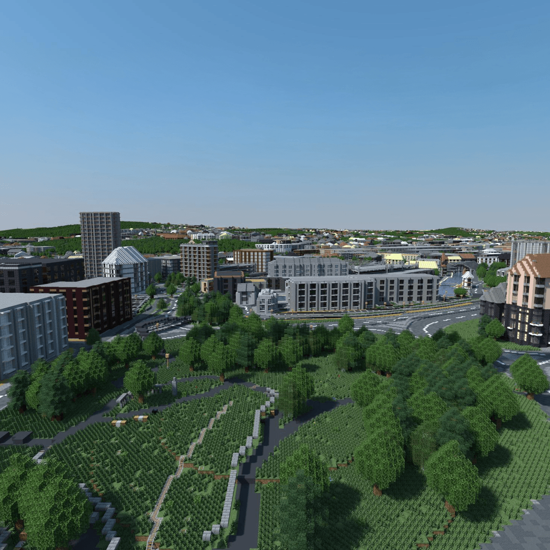A computer generated landscape with trees, parks and city buildings.
