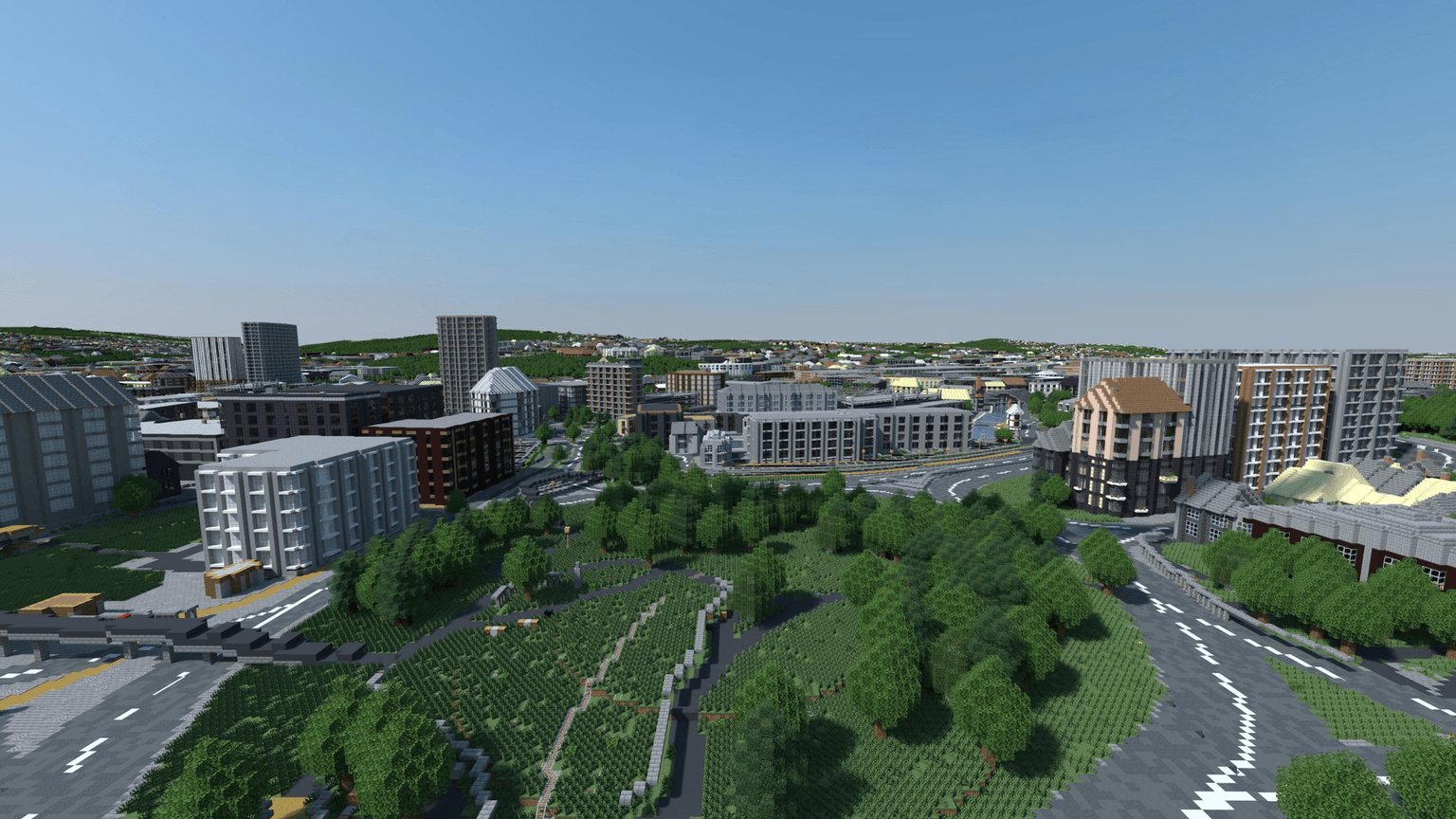 A computer generated landscape with trees, parks and city buildings.