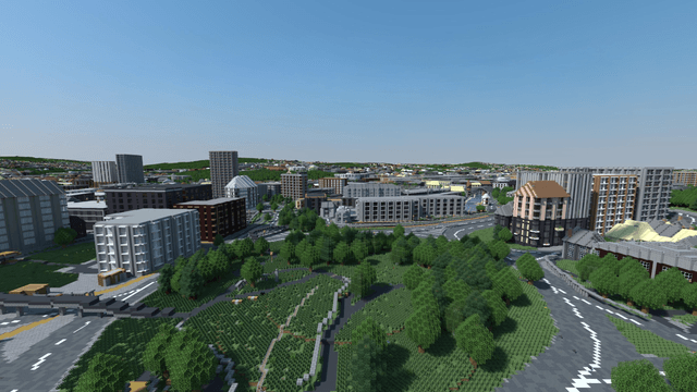 A computer generated landscape with trees, parks and city buildings.