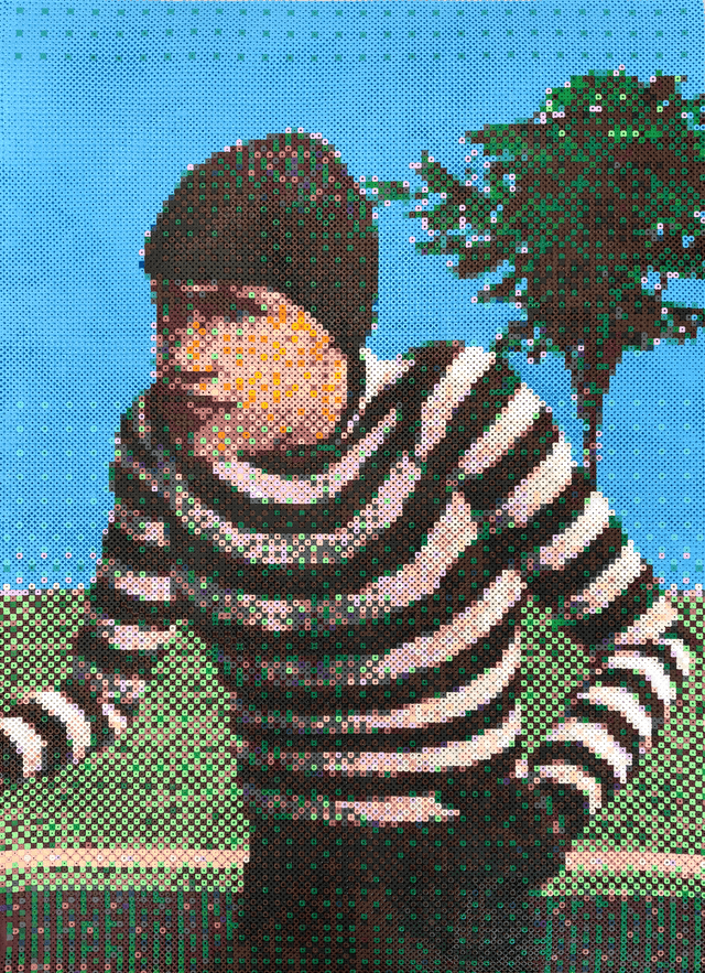 Artwork by Cat Brierley, a pixellated image of a video game burglar wearing a striped shirt, black gloves, and black hat.
