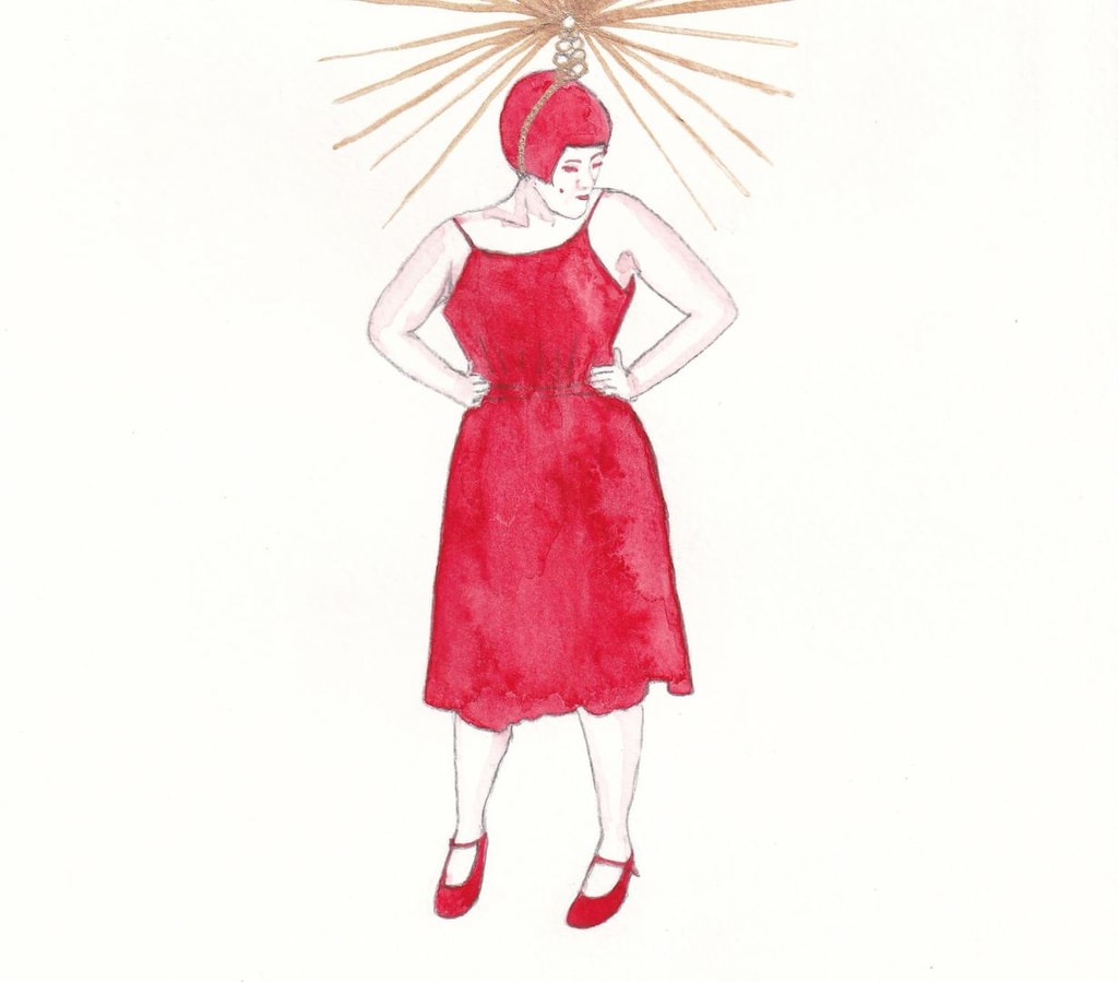 Painting of a woman in a red dress wearing a golden Vegas-style spiked crown.
