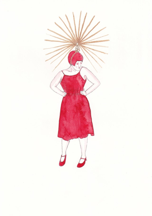 Painting of a woman in a red dress wearing a golden Vegas-style spiked crown.