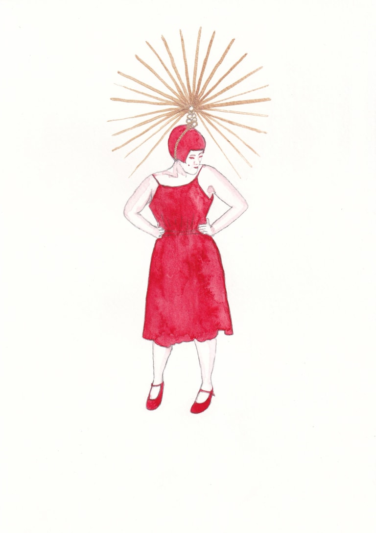 Painting of a woman in a red dress wearing a golden Vegas-style spiked crown.