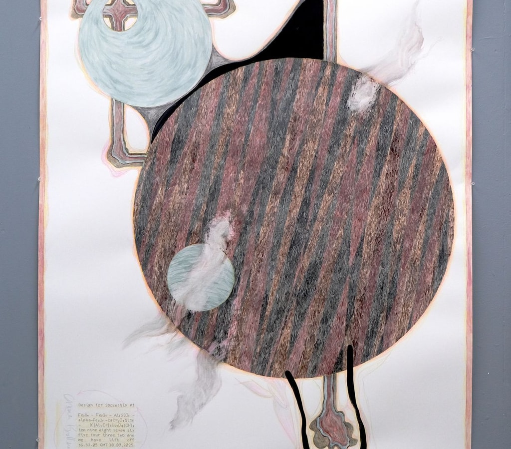 Large painting of orbs in pale pastel colors by Emma Bolland.