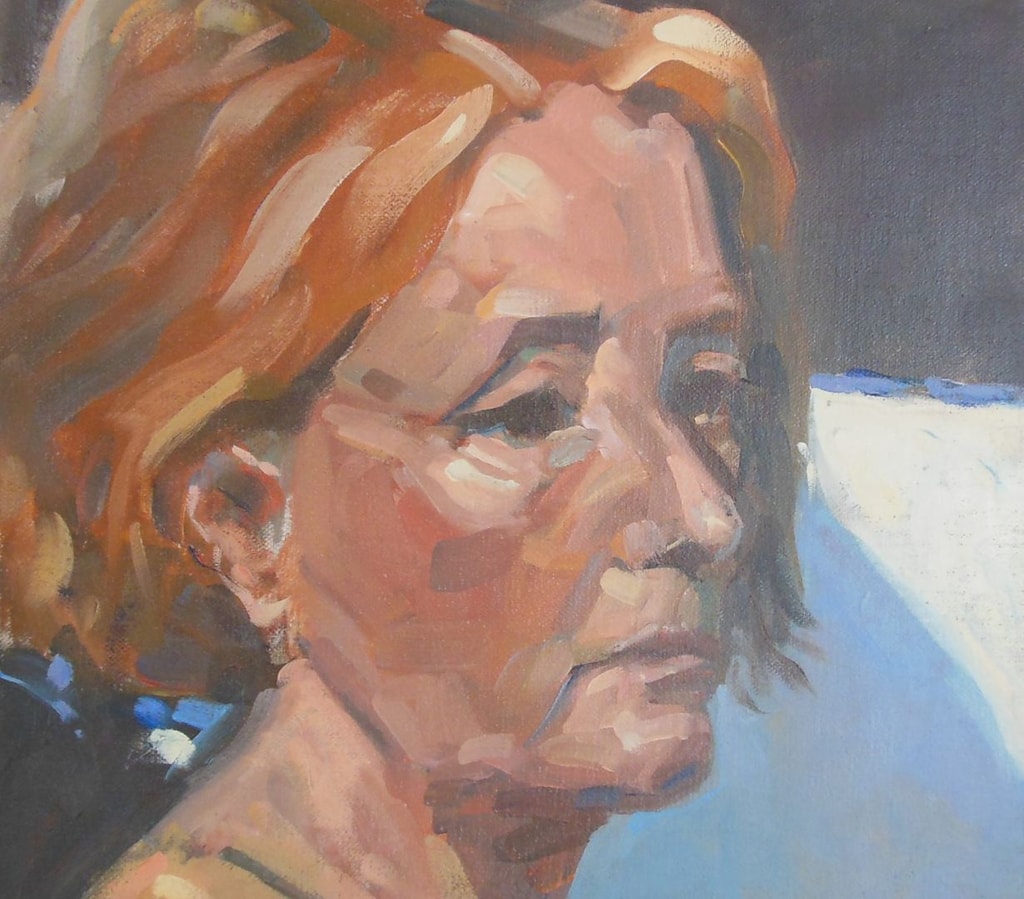 Oil painting of a woman with auburn hair, staring melancholically into the distance.