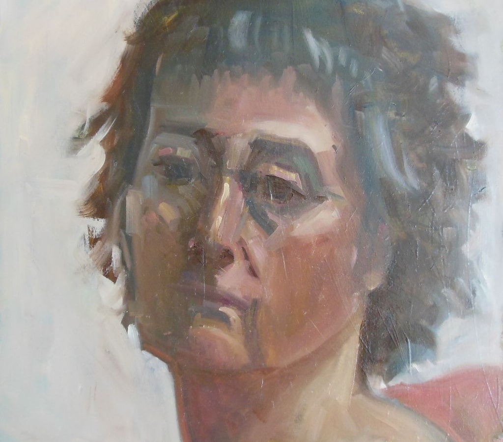 Oil painting of a woman with dark hair looking melancholically off to the side.