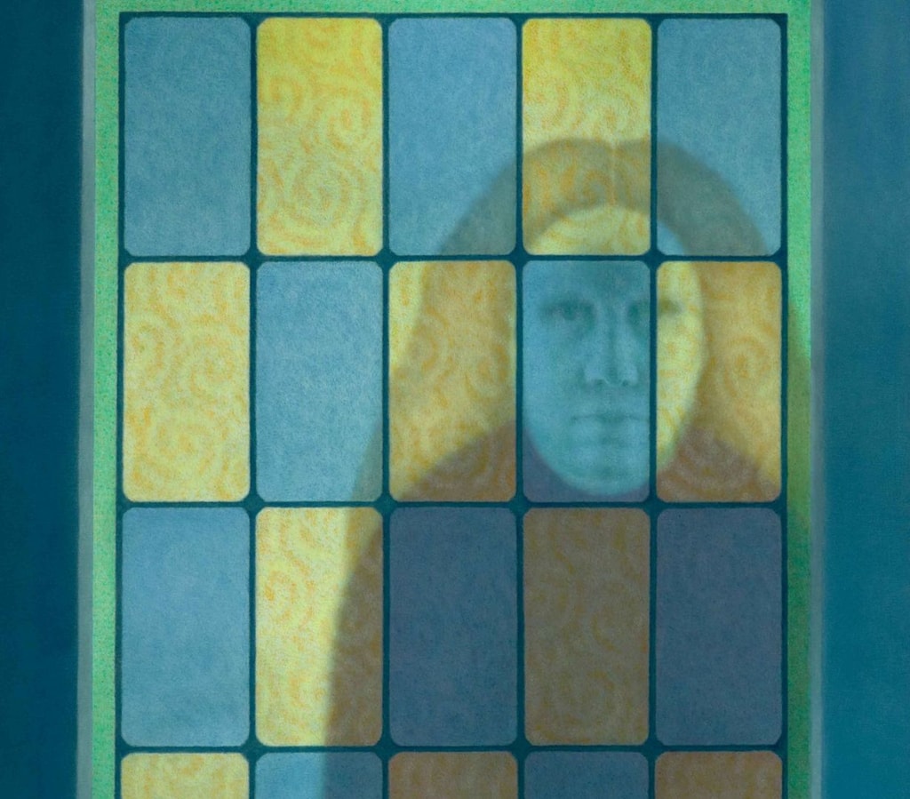Painting of a woman peering through a stained glass window in blue and yellow by Gwen Evans.