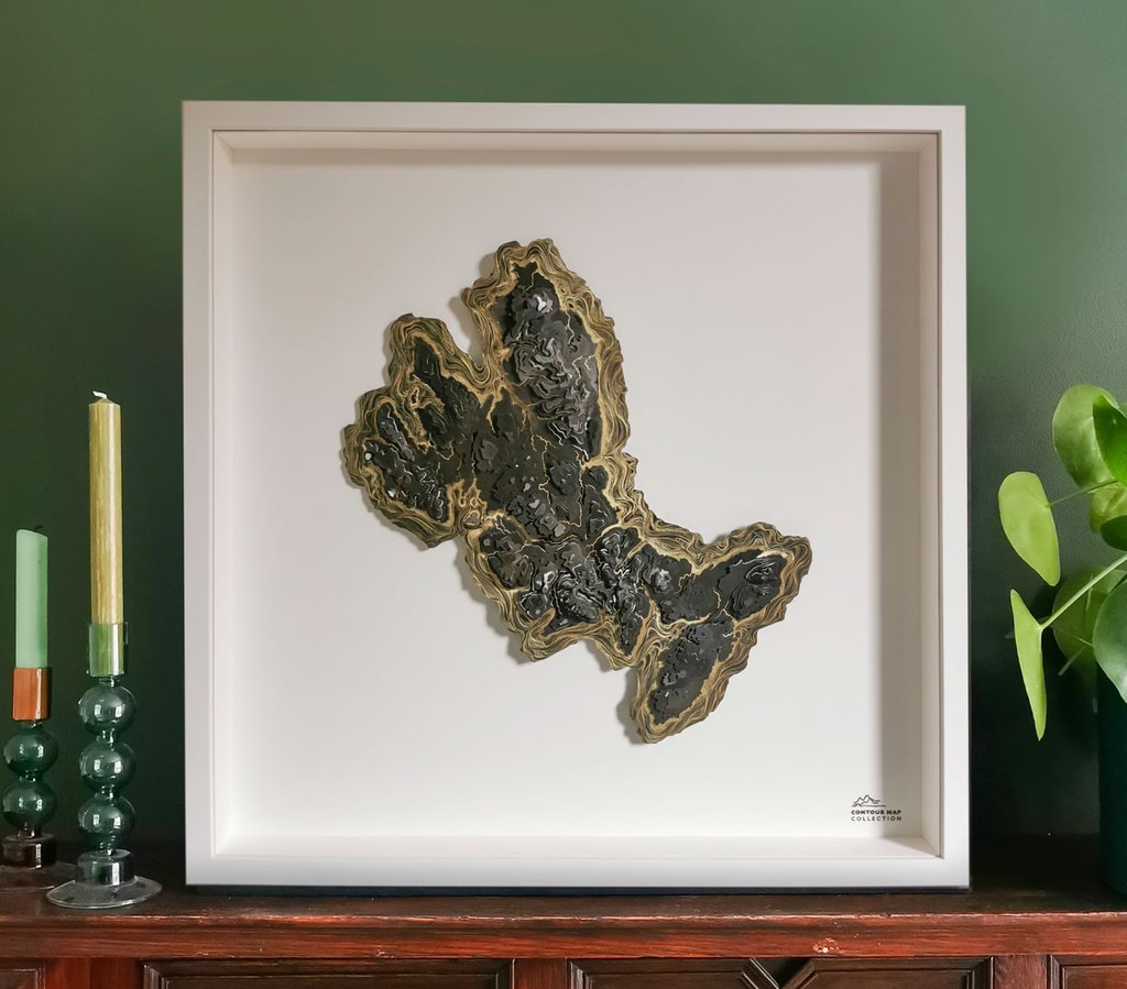 Contour map of the Isle of Skye in brass and gold leaf by Holly Clifford.