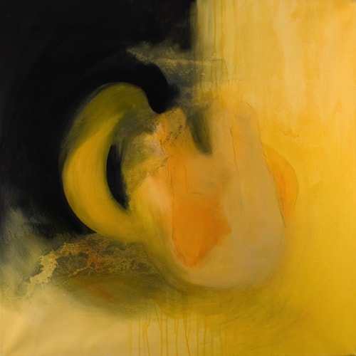 Abstract painting by Paul Evans, three-quarters taken up by a loose form in a honey-coloured yellow, and the rest pitch black.