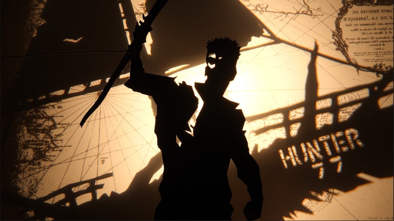 Shadow puppet silhouettes of a man stood in front of a boat, labelled Hunter 77.