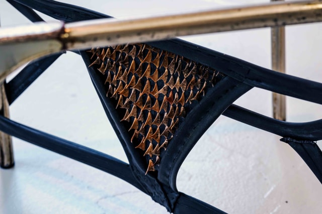 A piece of material strapped to a metal frame, with thorns piercing through.