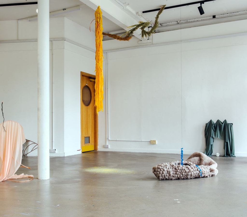 Installation view of Lucie Kordacova's Testing Ground residency, featuring sculptures in a range of colours and materials.